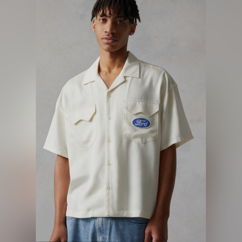 Ford Men's Cream Short-Sleeve Work Shirt